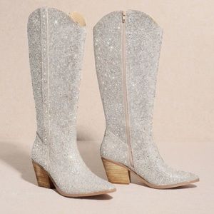 MIIM Nashville Silver Rhinestone Embellished Heeled Fashion Tall Cowboy Boots.